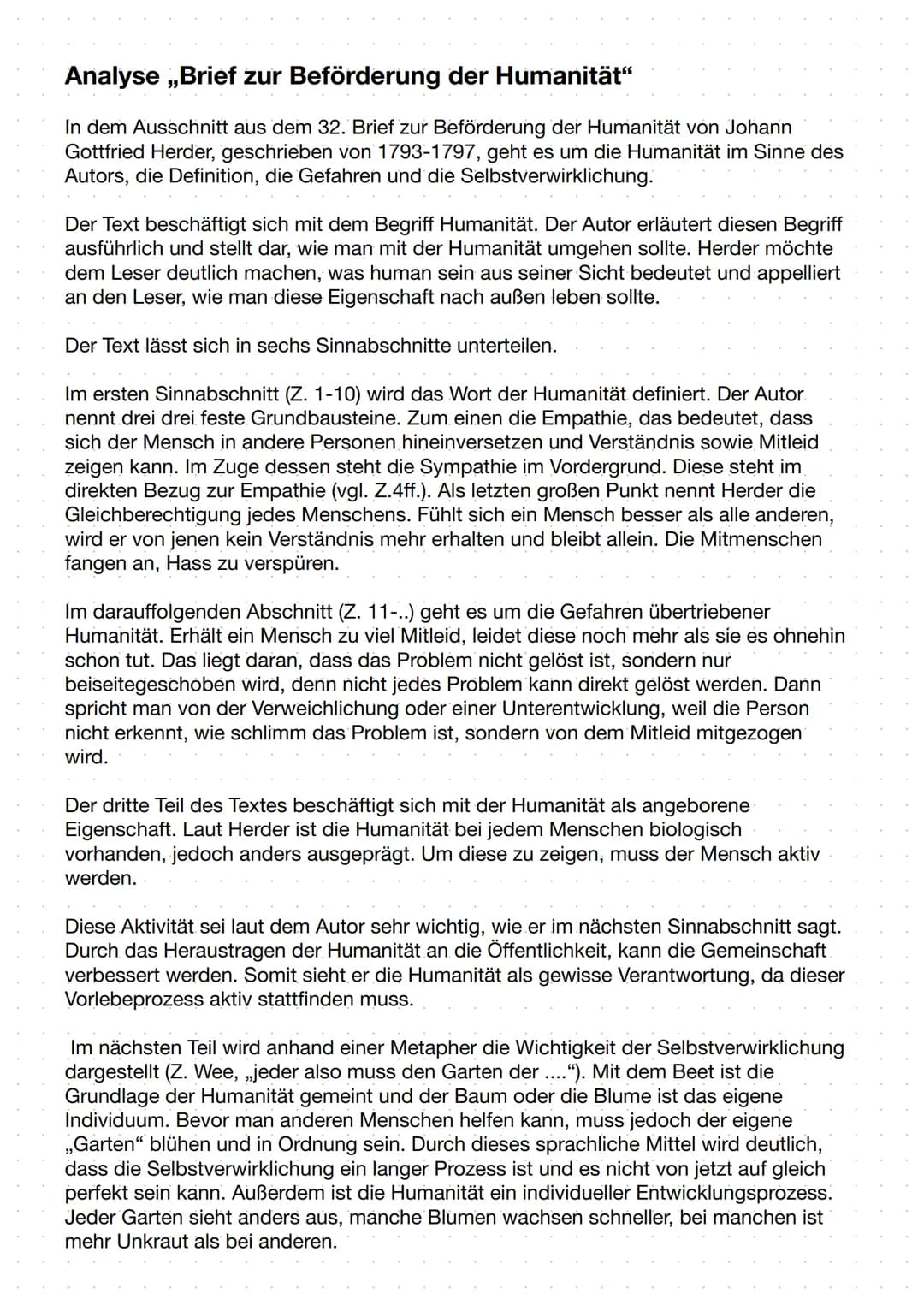 Analyse ,,Brief zur Beförderung der Humanität"
In dem Ausschnitt aus dem 32. Brief zur Beförderung der Humanität von Johann
Gottfried Herder