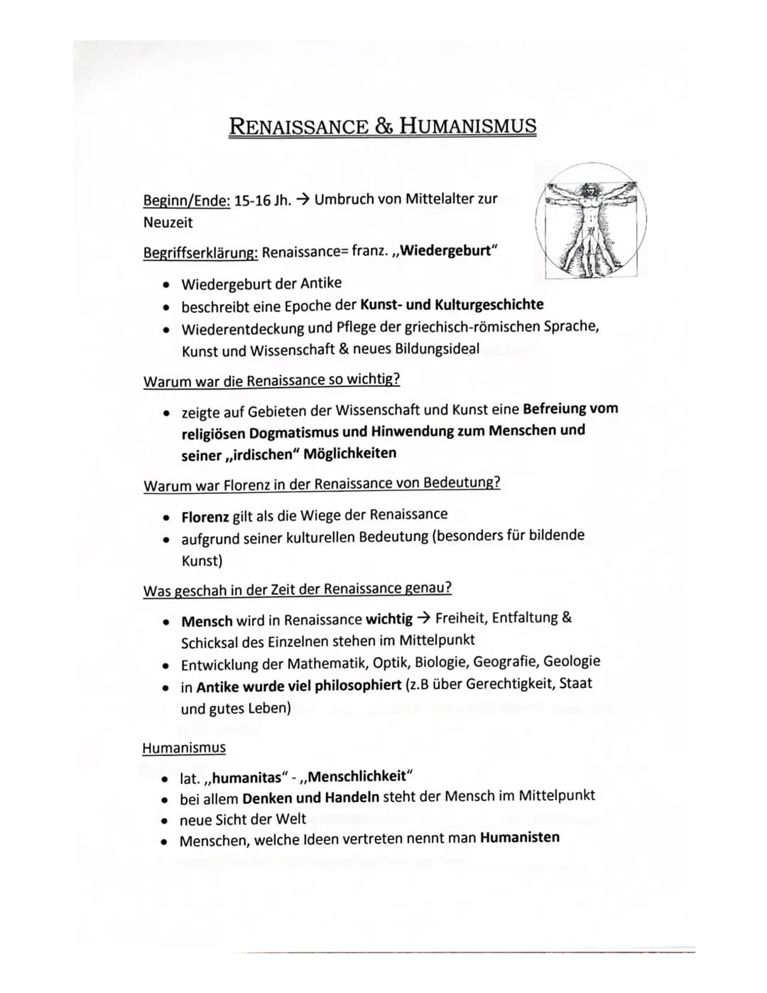 RENAISSANCE & HUMANISMUS
Beginn/Ende: 15-16 Jh. Umbruch von Mittelalter zur
Neuzeit
Begriffserklärung: Renaissance= franz. ,,Wiedergeburt"
•