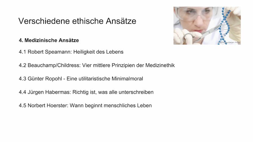 Verschiedene ethische Ansätze
1. Kirchliche Ansätze - Darf der Mensch Gott spielen?
2. Finanzielle Ansätze
3. Rechtliche Ansätze
4. Medizini