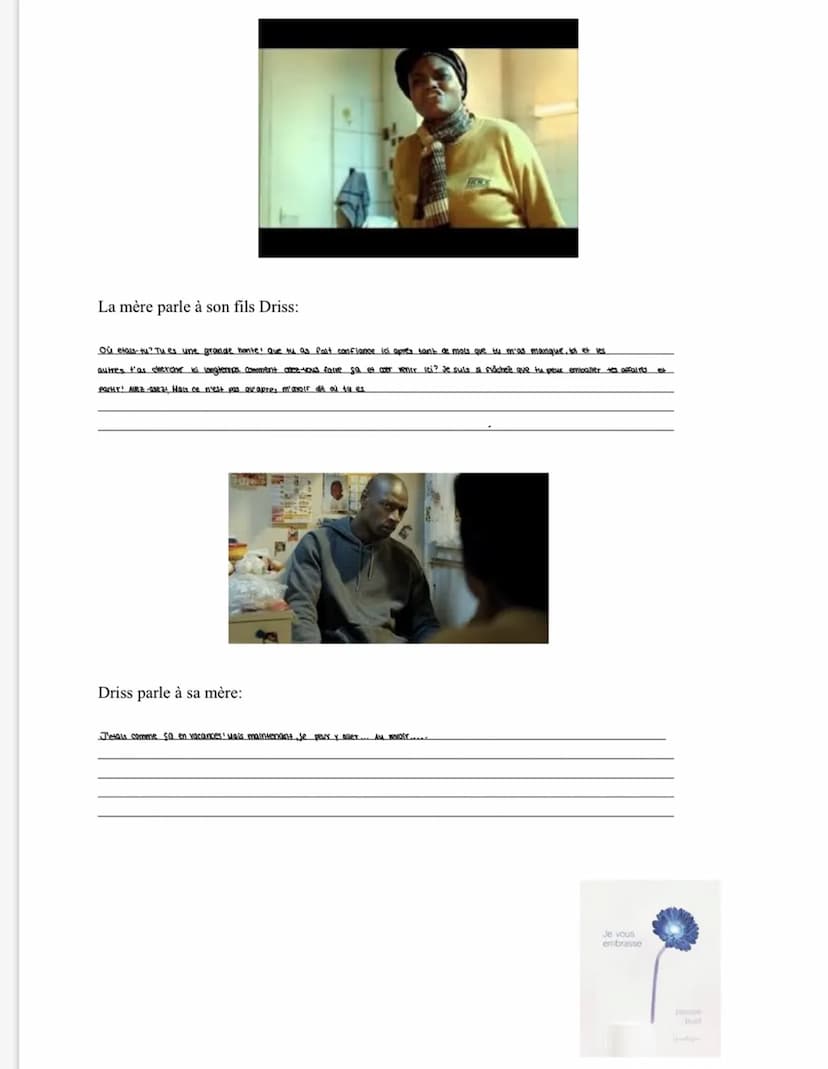 INTOUCHABLES
Qu'est-ce que les caractères pensent ou disent? Décrivez les photos
en 'inventant les phrases des personnes indiquées. Utilisez