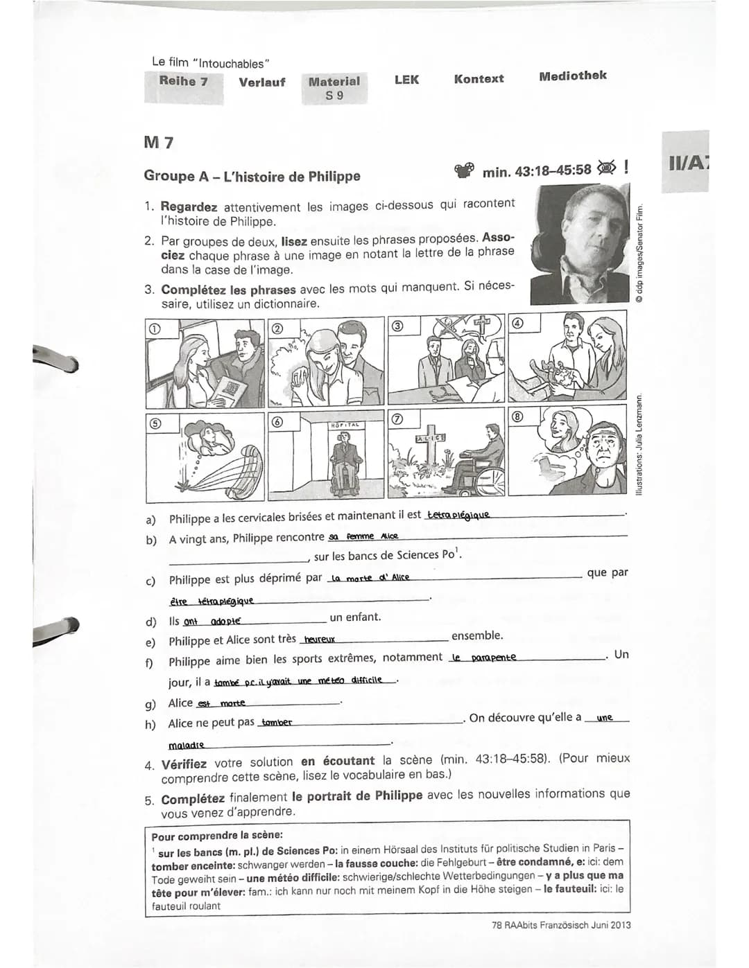 INTOUCHABLES
Qu'est-ce que les caractères pensent ou disent? Décrivez les photos
en 'inventant les phrases des personnes indiquées. Utilisez