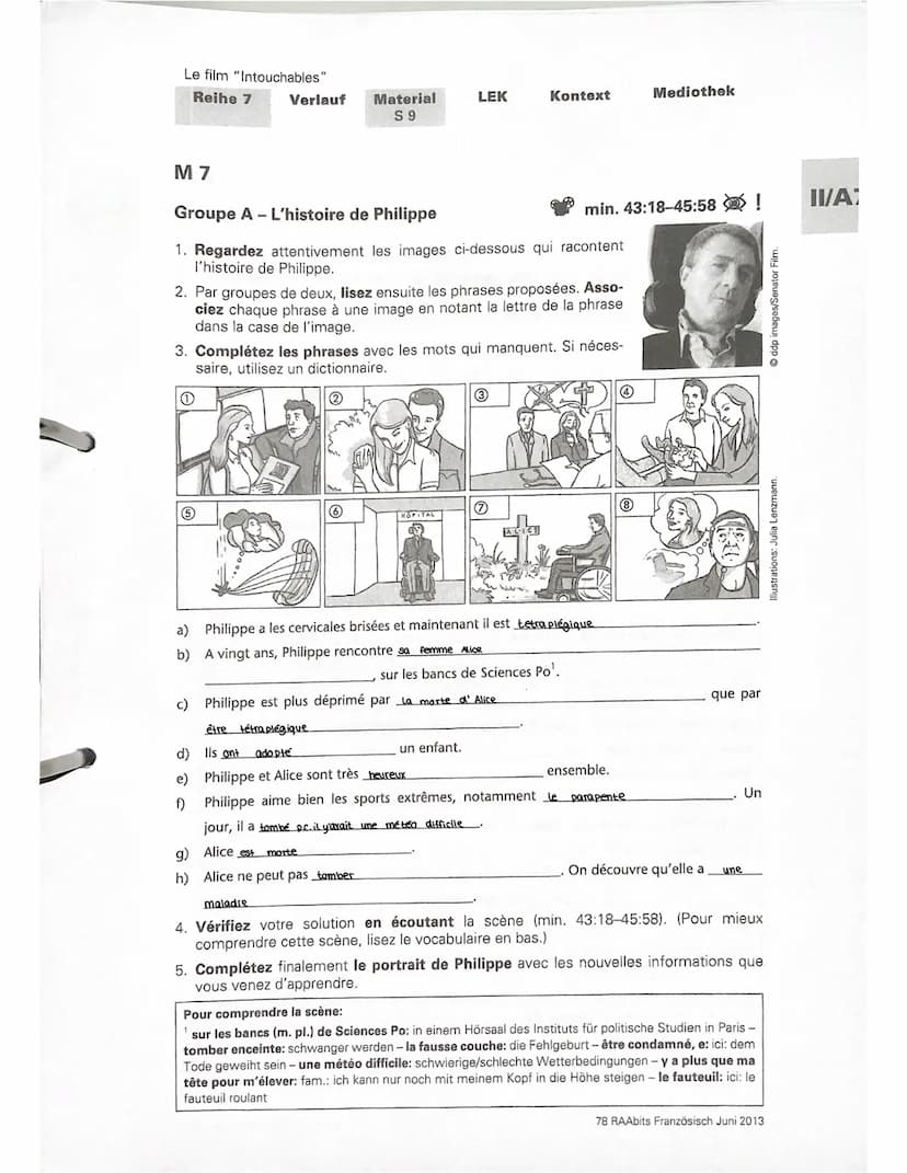 INTOUCHABLES
Qu'est-ce que les caractères pensent ou disent? Décrivez les photos
en 'inventant les phrases des personnes indiquées. Utilisez