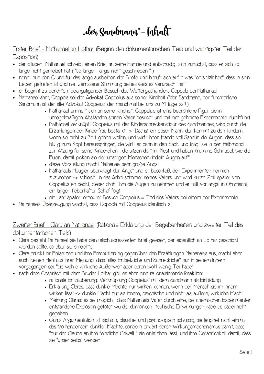 „. der Sandmann" - Inhalt
Erster Brief - Nathanael an Lothar (Beginn des dokumentarischen Teils und wichtigster Teil der
Exposition)
• der S