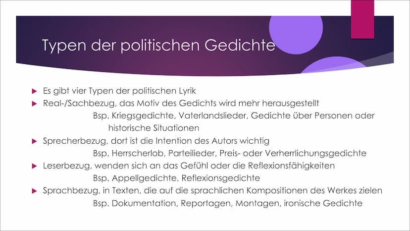 Politische Lyrik
VON FABIENNE UND HANNA Inhalt der Präsentation
► Politische Lyrik: Allgemeine Informationen
Typen der politischen Lyrik
► P