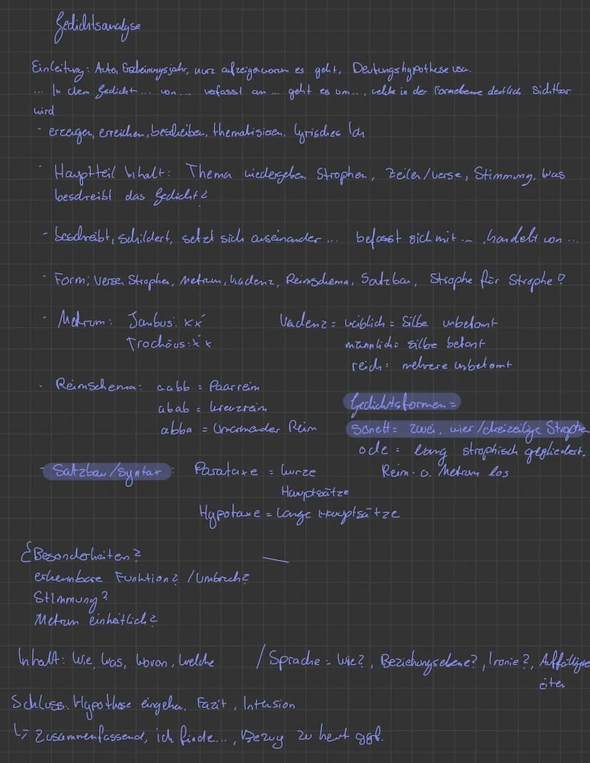 O
O
O
GEDICHTSANALYSE
Einleitung
↳> litel, Autor, Erscheinungsjahr, ggl. Epoche. Kurzform In halt, Deutungshypothese. Bezug
Form und Inhalt 