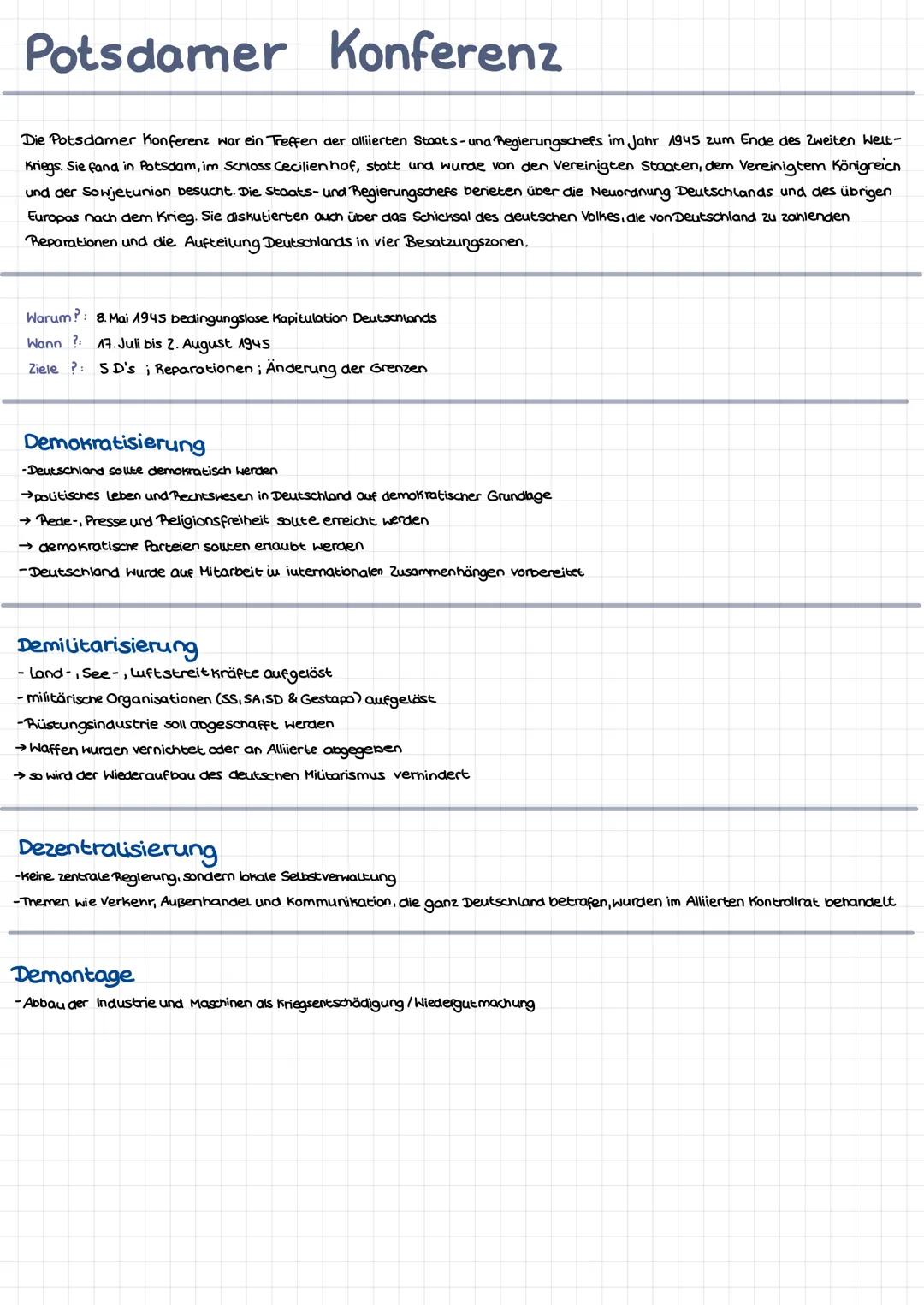Potsdamer Konferenz
Die Potsdamer Konferenz war ein Treffen der alliierten Staats- und Regierungschefs im Jahr 1945 zum Ende des Zweiten Wel