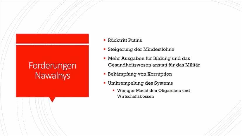 Nawalny Präsentation
FOLIE 1
Gliederung
-Wer ist Alexei Nawalny?
-Regierungskritische Aktivitäten
-Reaktionen Russlands
-Giftanschlag
-Posit