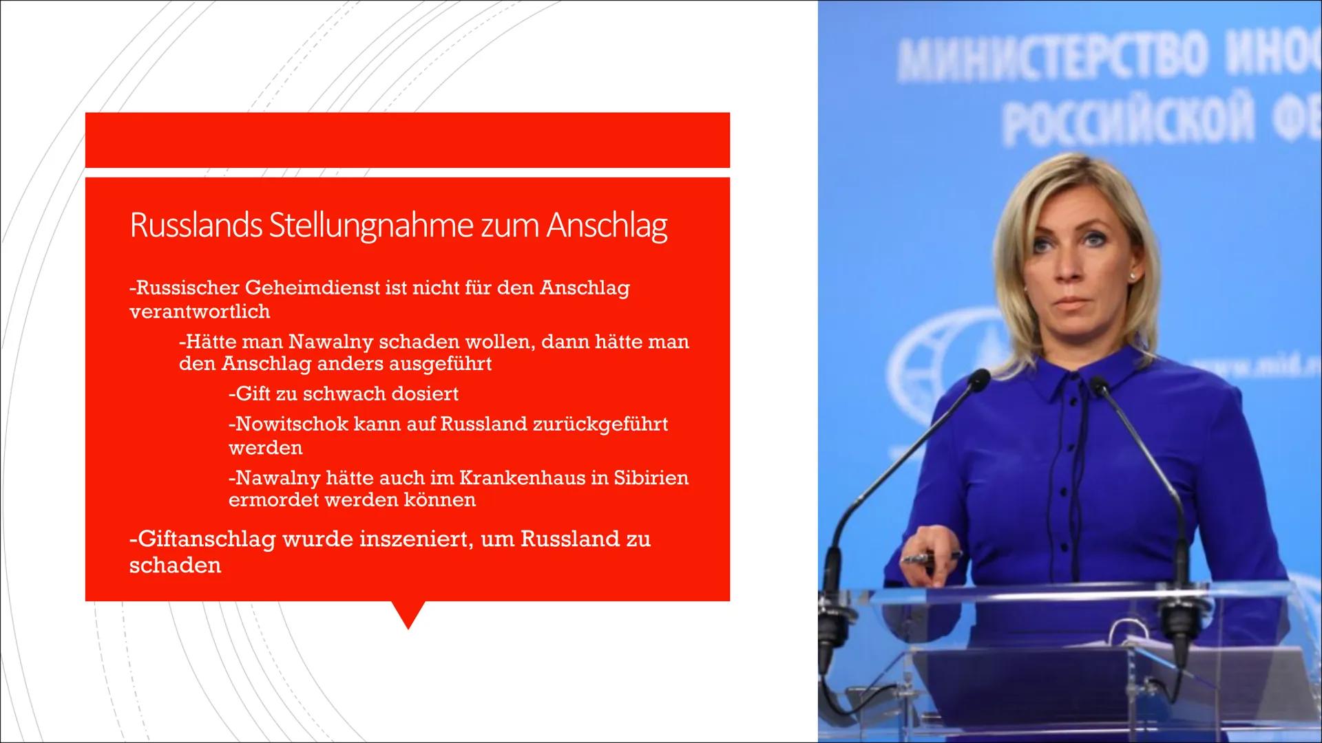 Nawalny Präsentation
FOLIE 1
Gliederung
-Wer ist Alexei Nawalny?
-Regierungskritische Aktivitäten
-Reaktionen Russlands
-Giftanschlag
-Posit