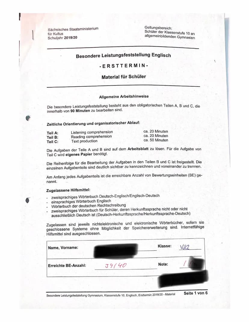 Sächsisches Staatsministerium
für Kultus
Schuljahr 2019/20
Besondere Leistungsfeststellung Englisch
-ERSTTERMIN-
Material für Schüler
Allgem