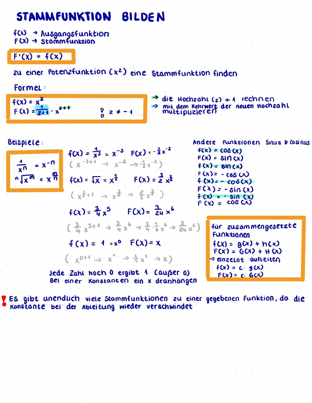 STAMMFUNKTION BILDEN
f(x)→ Ausgangsfunktion
F(x)→ Stammfunktion
F'(x) = f(x)
zu einer Potenzfunktion (x²) eine Stammfunktion finden
Formel:
