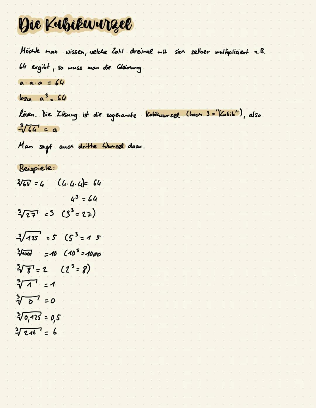 # Die Kubikwurzel

Möchte man wissen, welche Zahl dreimal mit sich selber multipliziert 2.B.
64 ergibt, so muss man die Gleidung.

a. a a = 