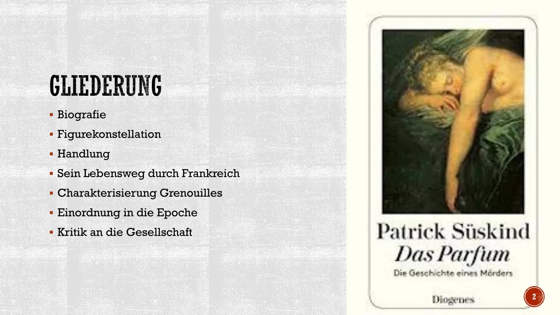 S
DAS PARFUM
Die Geschichte eines Mörders
Von Patrick Süskind
Sophie Huynh, Deutsch GK Q4
255
TERAPE GLIEDERUNG
▪ Biografie
I
I
Handlung
Sei