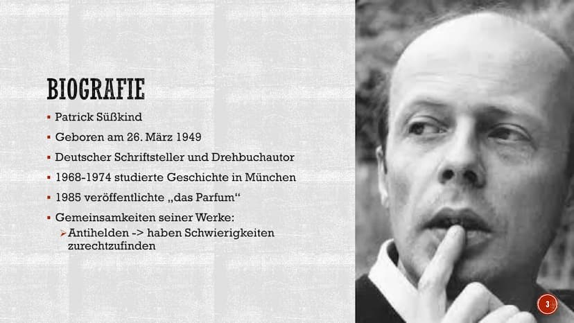 S
DAS PARFUM
Die Geschichte eines Mörders
Von Patrick Süskind
Sophie Huynh, Deutsch GK Q4
255
TERAPE GLIEDERUNG
▪ Biografie
I
I
Handlung
Sei