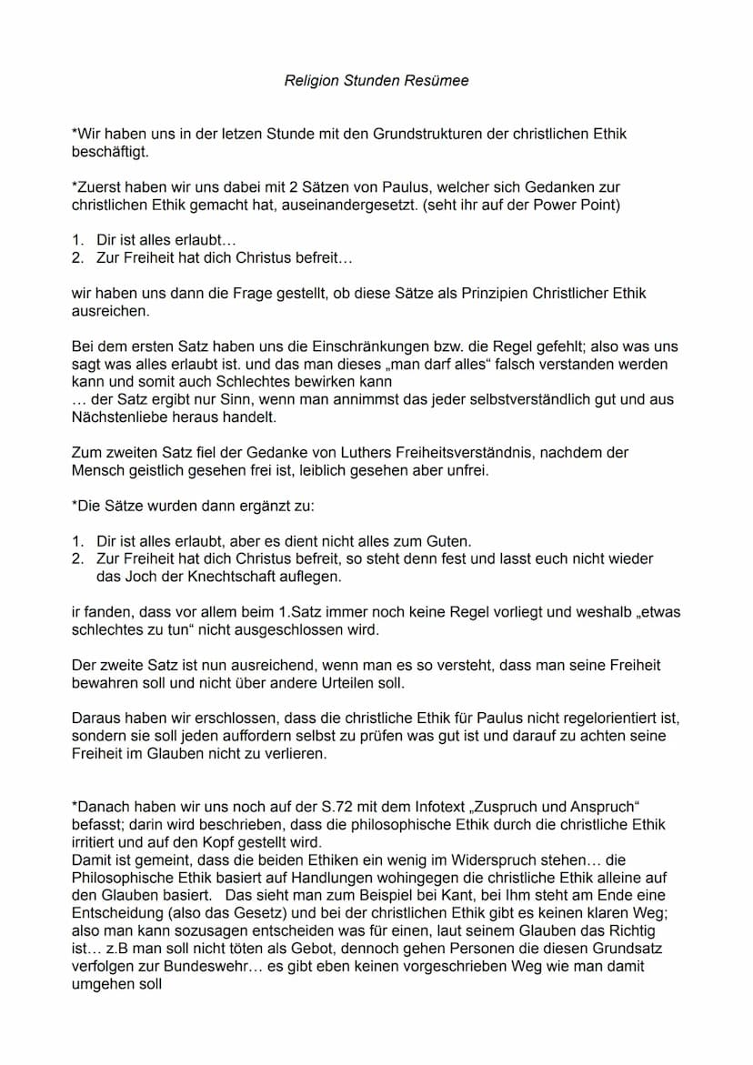 Religion Stunden Resümee
*Wir haben uns in der letzen Stunde mit den Grundstrukturen der christlichen Ethik
beschäftigt.
*Zuerst haben wir u