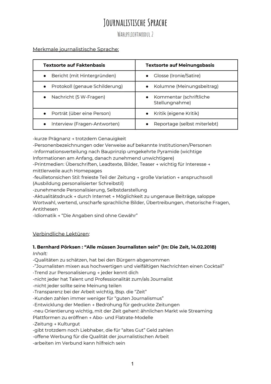 Merkmale journalistische Sprache:
Textsorte auf Faktenbasis
●
●
JOURNALISTISCHE SPRACHE
WAHLPFLICHTMODUL 2
●
Bericht (mit Hintergründen)
Pro