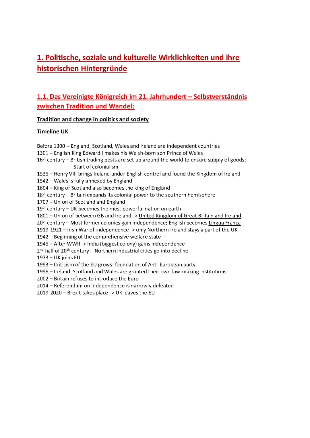 UK - Englisch Zusammenfassung 