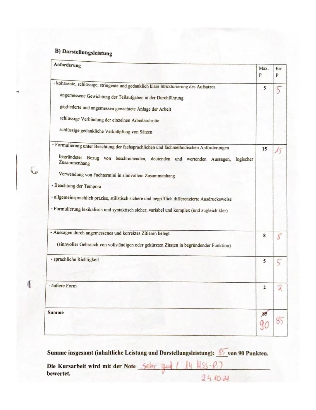 Bewertungsraster - Interpretation - ,,Der Abend" von Andreas Gryphius
A) Inhaltliche Leistung
Bewertungselement
1. Einleitungssatz: Gattung,