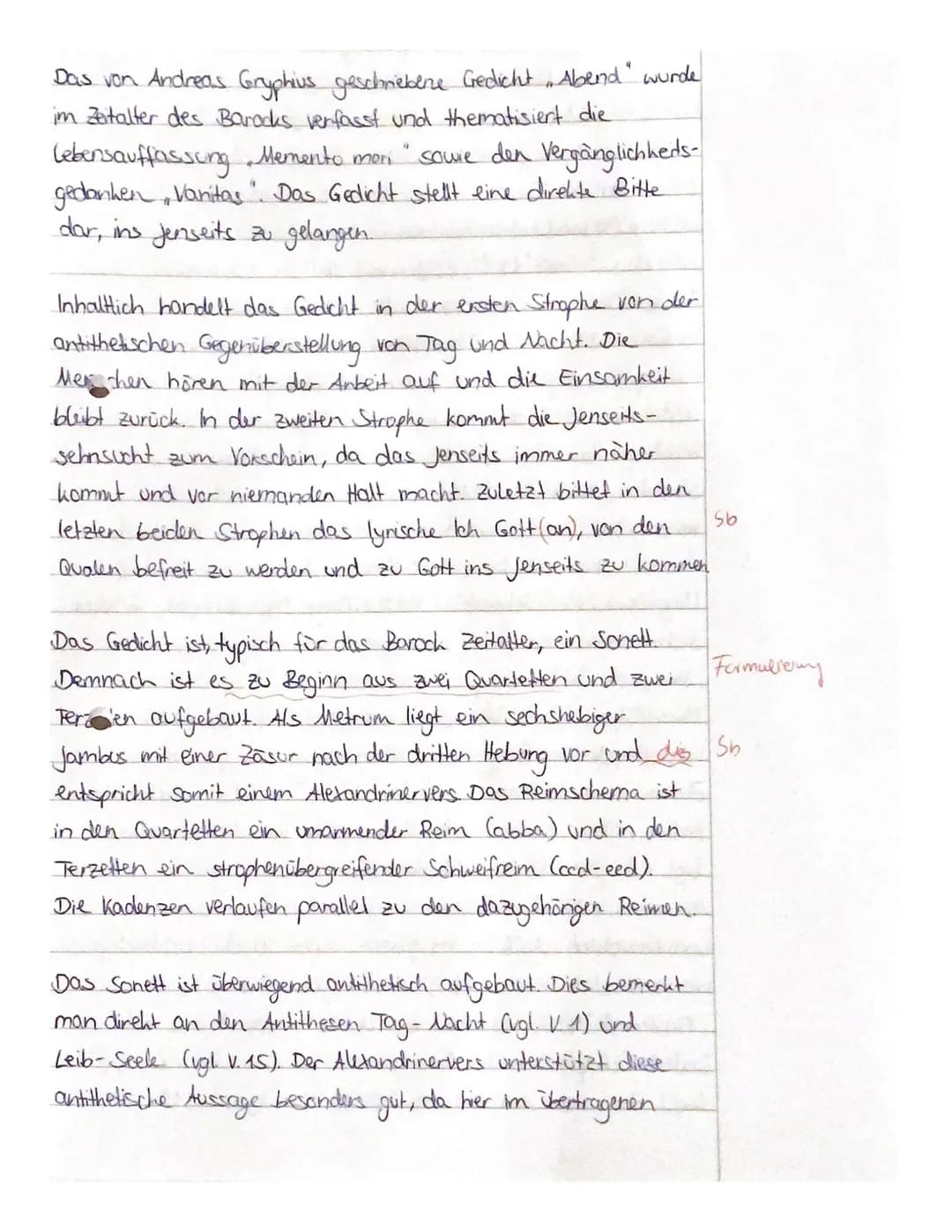 Bewertungsraster - Interpretation - ,,Der Abend" von Andreas Gryphius
A) Inhaltliche Leistung
Bewertungselement
1. Einleitungssatz: Gattung,