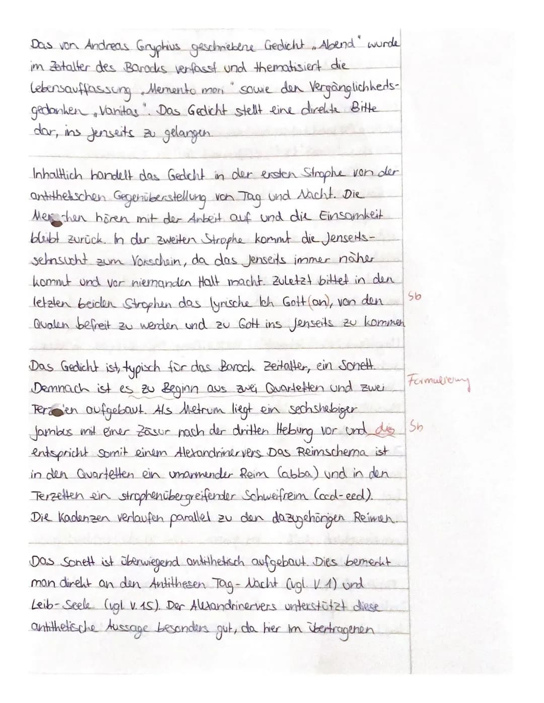 Bewertungsraster - Interpretation - ,,Der Abend" von Andreas Gryphius
A) Inhaltliche Leistung
Bewertungselement
1. Einleitungssatz: Gattung,