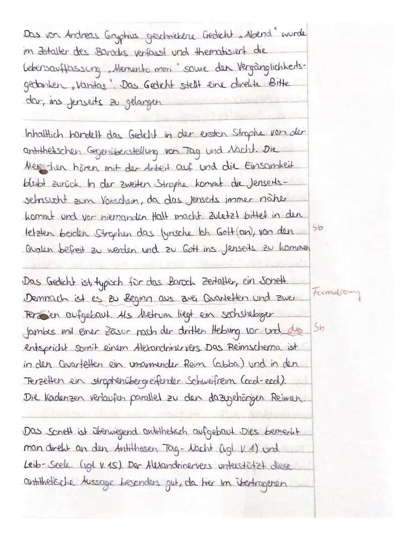 Bewertungsraster - Interpretation - ,,Der Abend" von Andreas Gryphius
A) Inhaltliche Leistung
Bewertungselement
1. Einleitungssatz: Gattung,