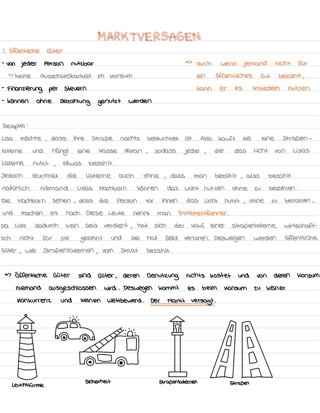 1. öffentliche Güter
- von jeder Person
nutzbar
MARKTVERSAGEN
keine Ausschließbarkeit im konsum
- Finanzierung per stevern
- können ohne Bez