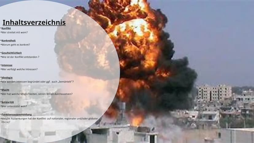 Der Krieg in Syrien:
Konfliktanalyse an einem Beispiel Inhaltsverzeichnis
•Konflikt
→Wer streitet mit wem?
•Konkretheit
→Worum geht es konkr