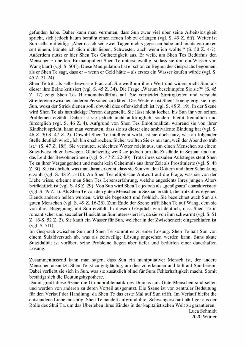 Analyse Szene 3
Die vorliegende Szene aus dem Parabelstück „Der gute Mensch von Sezuan", welches von
Bertold Brecht verfasst und 1943 in Zür