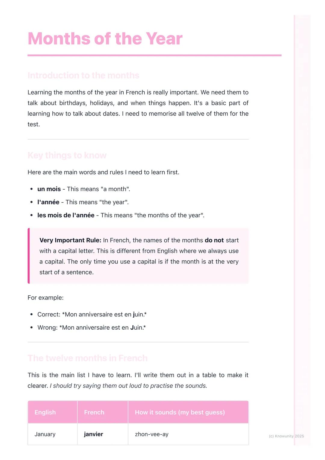 # Months of the Year

Introduction to the months

Learning the months of the year in French is really important. We need them to
talk about 