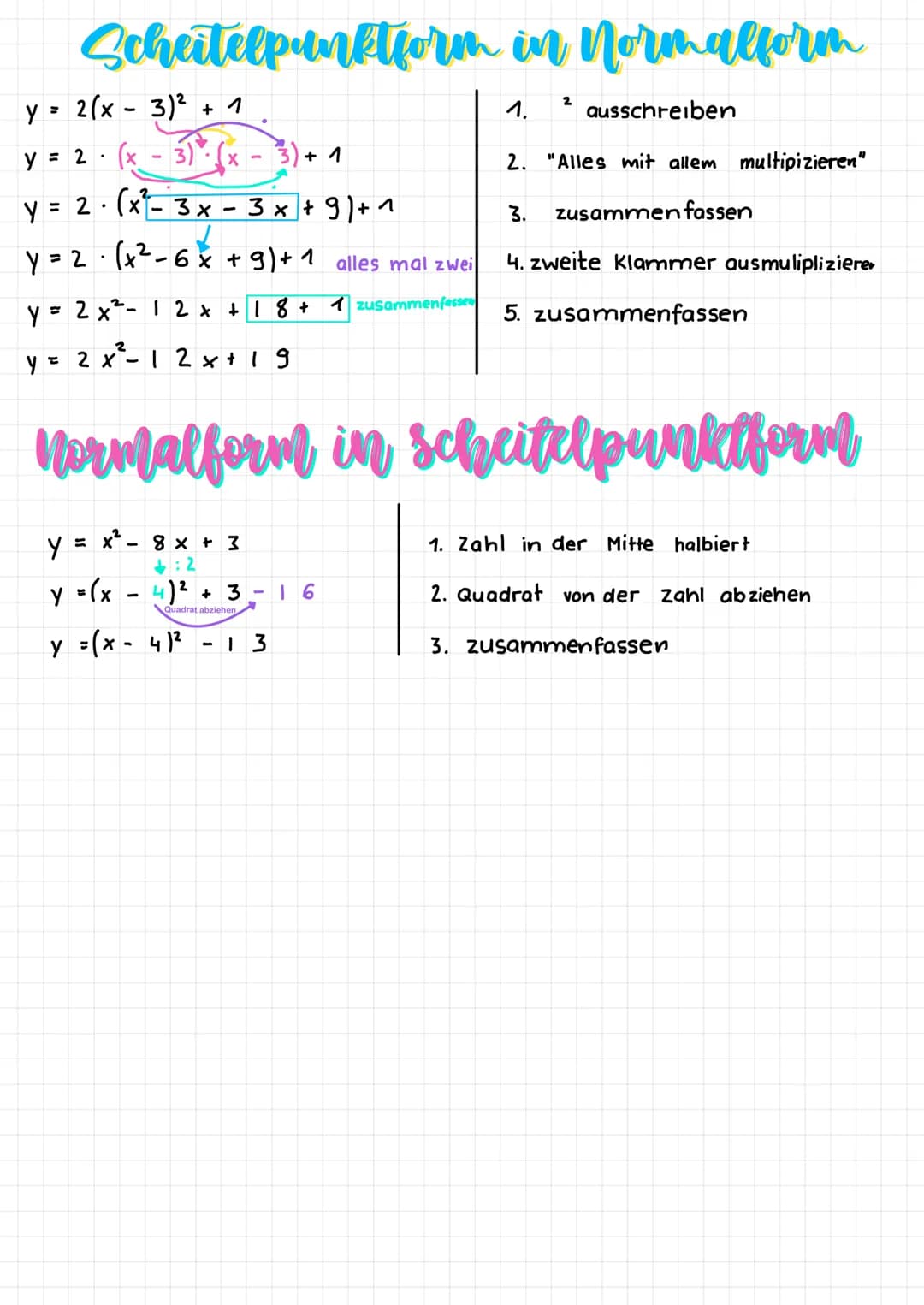Scheitelpunktform in Normalform
y = 2(x - 3)² + 1
y = 2 (x - 3).
3) + 1
y = 2 · (x²₁ - 3x
3x +9)+1
y = 2 · (+²-6x + 9) + 1 alles mal zwei
zu