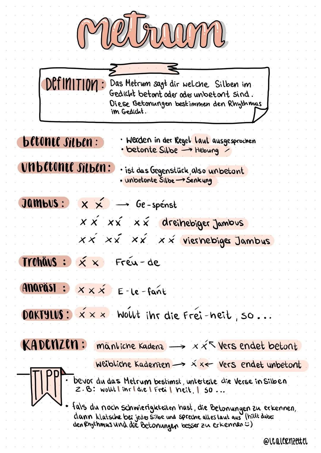 # Metrum

Definition: Das Metrum sagt dir welche Silben im
Gedicht betont oder oder unbetont sind.
Diese Betonungen bestimmen den Rhythmus
i