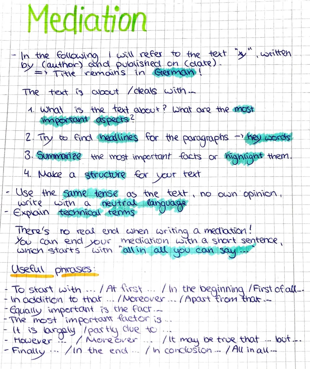 ✓
Mediation
In the following I will refer to the text "x", written
by (author) and published on (date).
=> Title remains in German!
The text