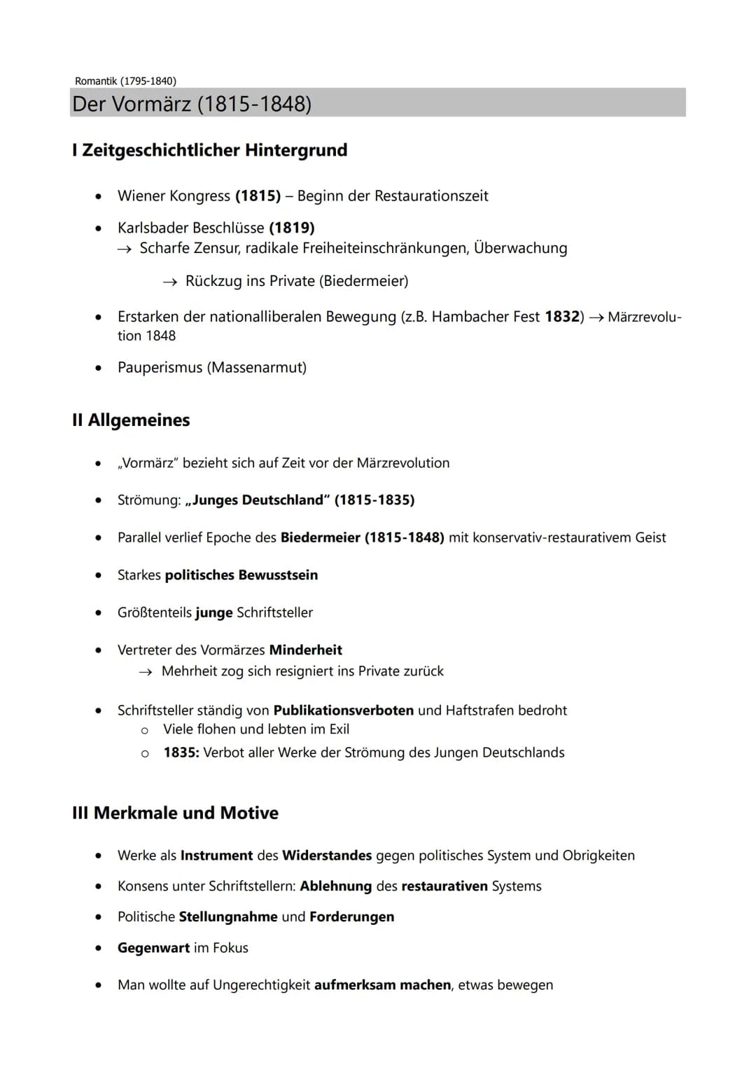 Renaissance (ca. 1400-1520), Aufklärung (ca. 1700-1789), Weimarer Klassik (ca. 1786-1832)
Die Romantik (ca. 1790-1835)
I Zeitgeschichtlicher