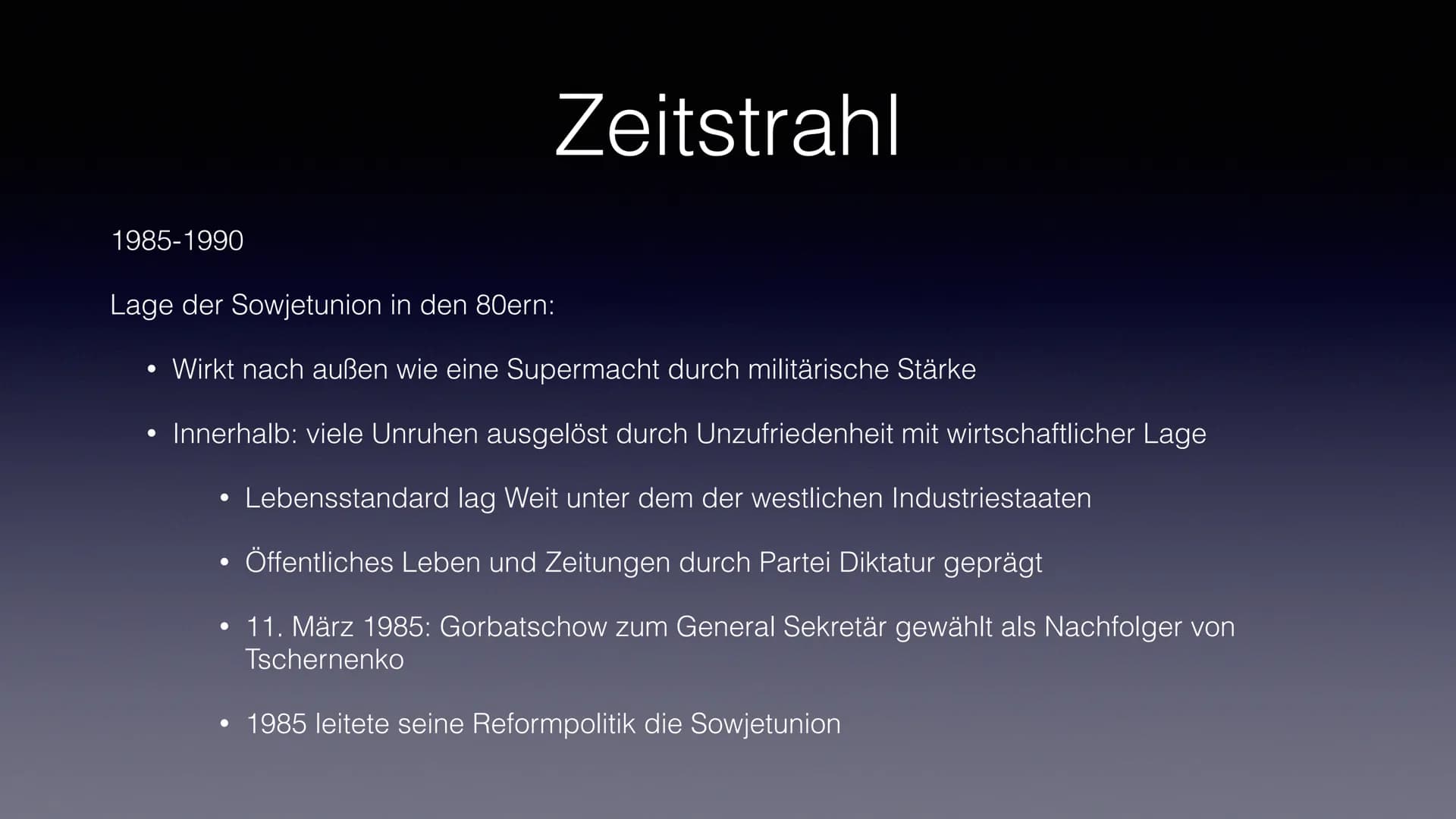 Reformpolitik von
M.Gorbatschow
Zusammenbruch UdSSR ●
●
●
●
●
●
Wer war Gorbatschow ?
Glasnost & Perestroika
Zeitstrahl
●
Von Su zu GUS
• In