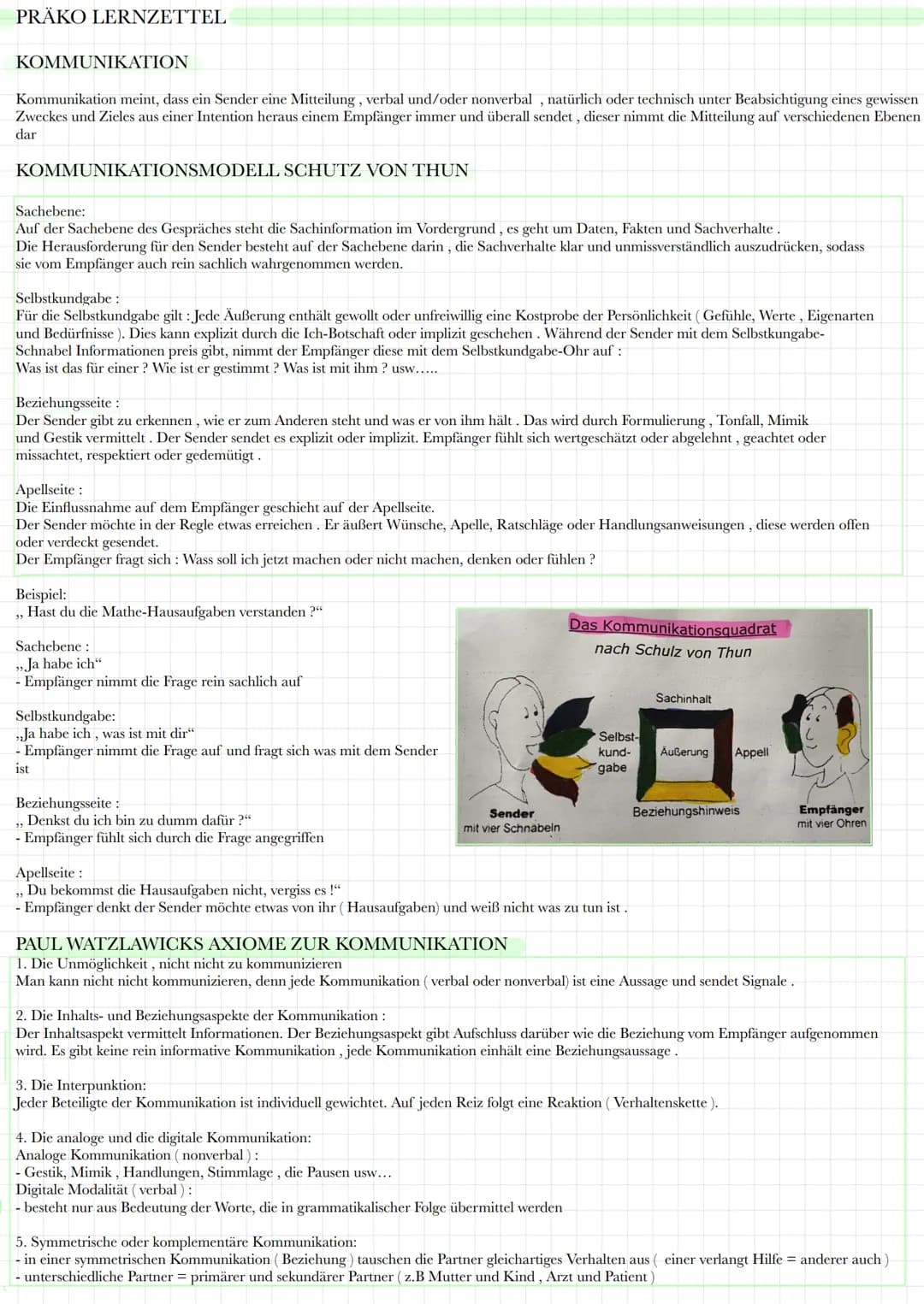 PRÄKO LERNZETTEL
KOMMUNIKATION
Kommunikation meint, dass ein Sender eine Mitteilung, verbal und/oder nonverbal, natürlich oder technisch unt