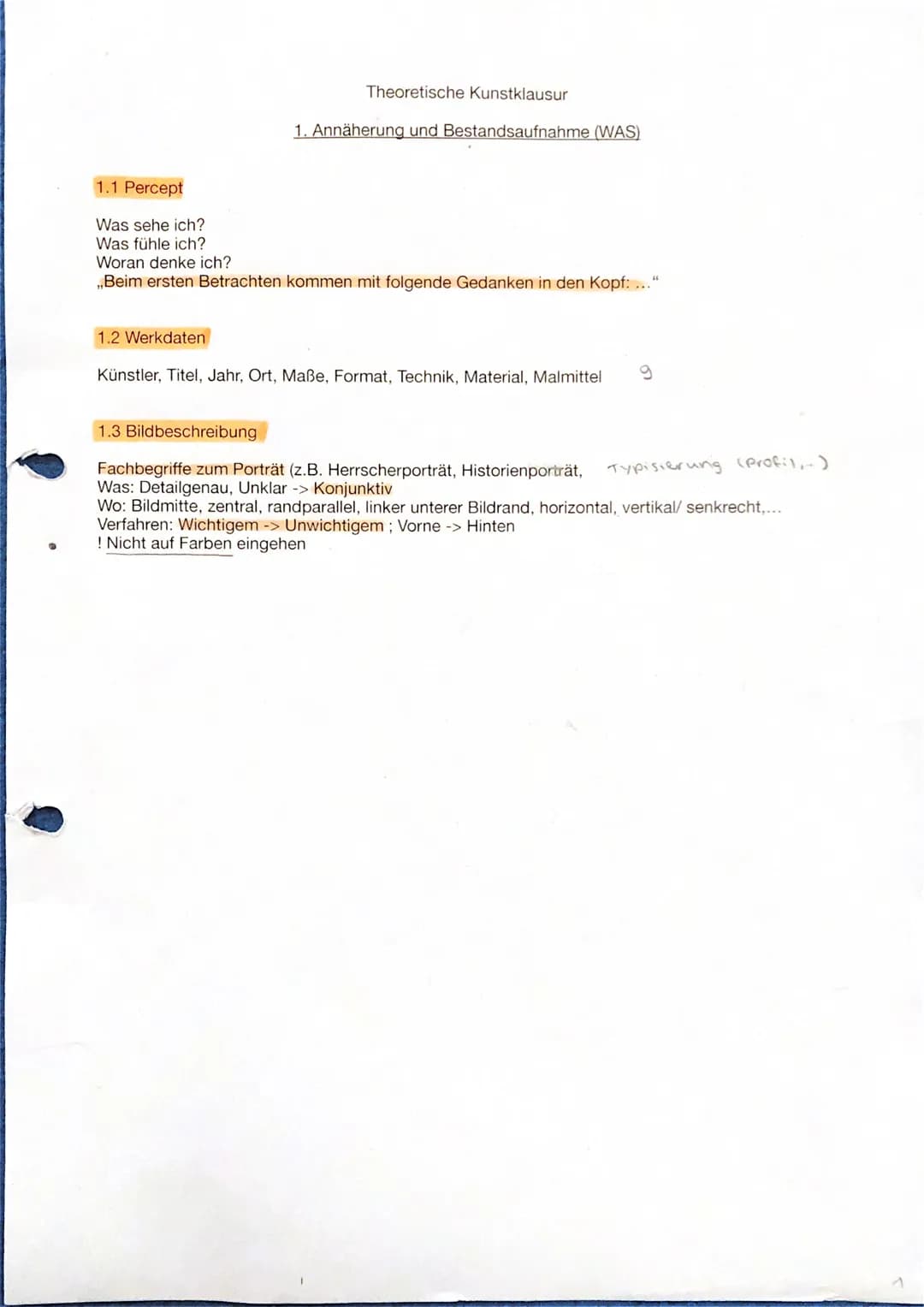 1.1 Percept
Was sehe ich?
Was fühle ich?
Theoretische Kunstklausur
1. Annäherung und Bestandsaufnahme (WAS)
Woran denke ich?
,,Beim ersten B