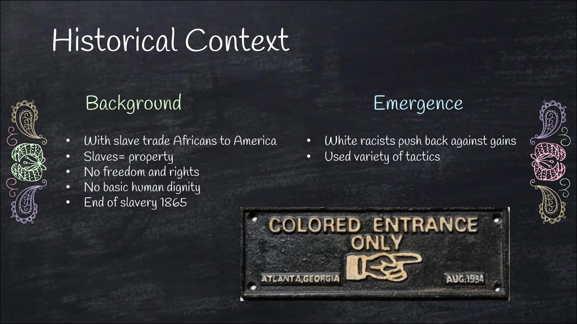 wwwwww
(o
www
Jim Crow era
Von Franziska Schanderl
oooo Outline
01
Historical
Context
Background, Emergence,
Implementation
02
Jim Crow Laws