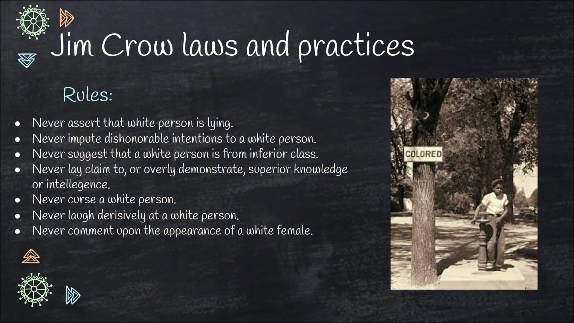 wwwwww
(o
www
Jim Crow era
Von Franziska Schanderl
oooo Outline
01
Historical
Context
Background, Emergence,
Implementation
02
Jim Crow Laws