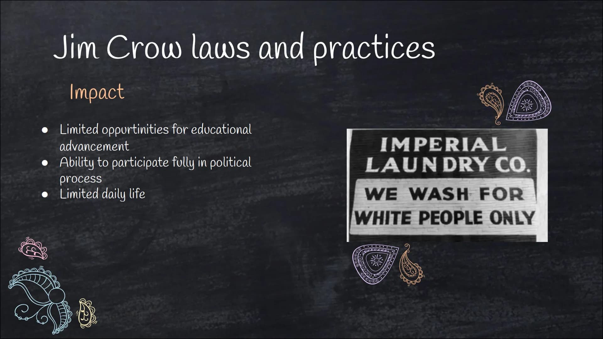 wwwwww
(o
www
Jim Crow era
Von Franziska Schanderl
oooo Outline
01
Historical
Context
Background, Emergence,
Implementation
02
Jim Crow Laws