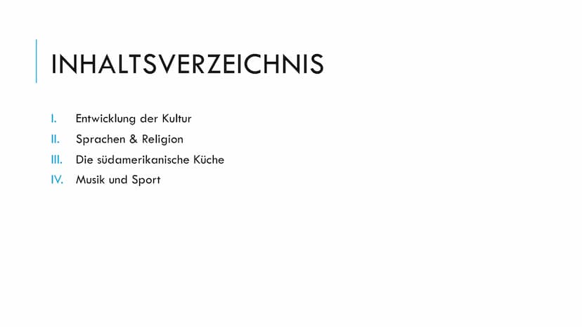 VERSCHIEDENE KULTUREN
Südamerika Verschiedene Kulturen Südamerikas
1) Entwicklung der Kultur
Es gibt viele kulturelle Gemeinsamkeiten aller 