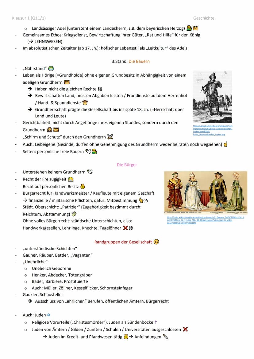 Klausur 1 (Q11/1)
Geschichte Klausur Q11/1 Zusammenfassung
1.
Leben in der Ständegesellschaft.
1.1 Kennzeichen der Ständegesellschaft:.
1.2
