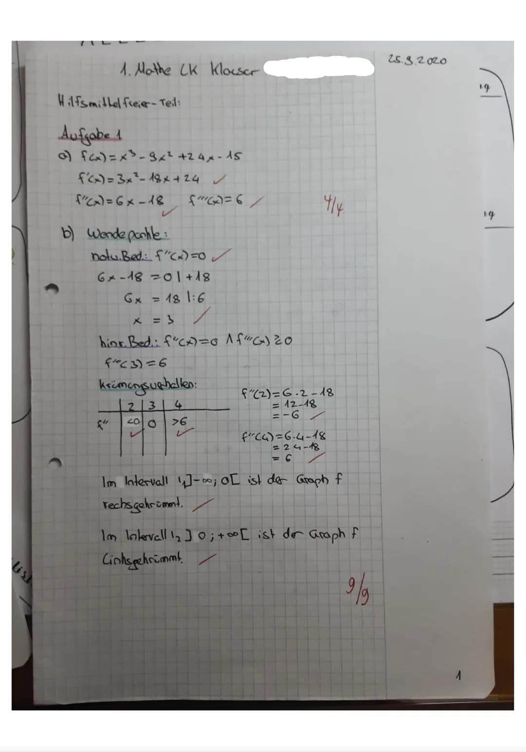 Hilfsmittelfreier-Teil
maximale Bearbeitungsdauer 45 Minuten
Aufgabe 1)
Gegeben ist die Funktion f(x)=x³-9x²+24x-15
a) Gib die erste und zwe