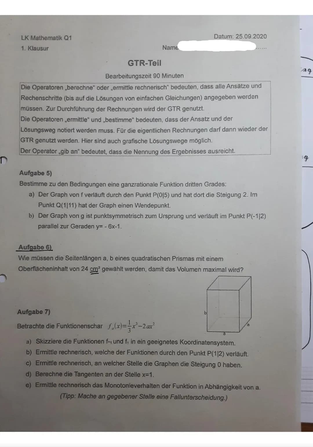 Hilfsmittelfreier-Teil
maximale Bearbeitungsdauer 45 Minuten
Aufgabe 1)
Gegeben ist die Funktion f(x)=x³-9x²+24x-15
a) Gib die erste und zwe