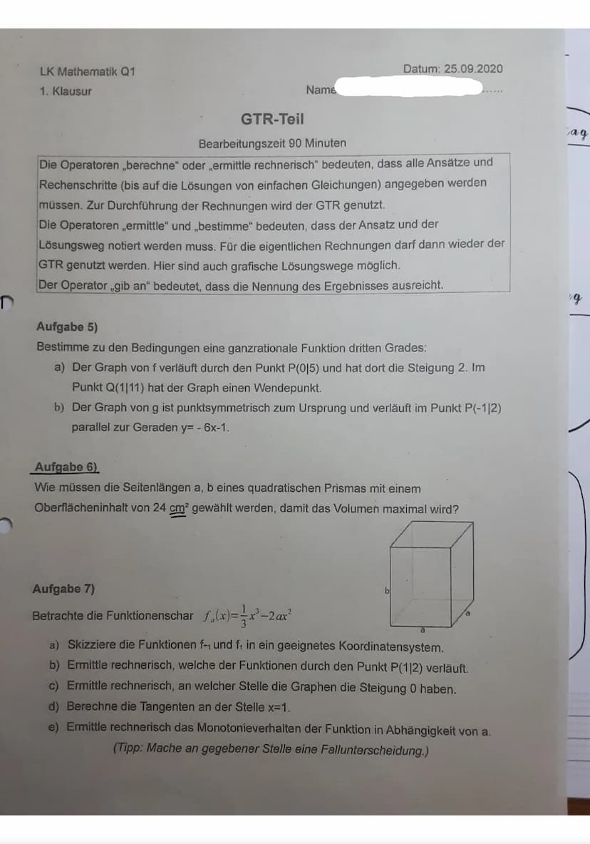 Hilfsmittelfreier-Teil
maximale Bearbeitungsdauer 45 Minuten
Aufgabe 1)
Gegeben ist die Funktion f(x)=x³-9x²+24x-15
a) Gib die erste und zwe