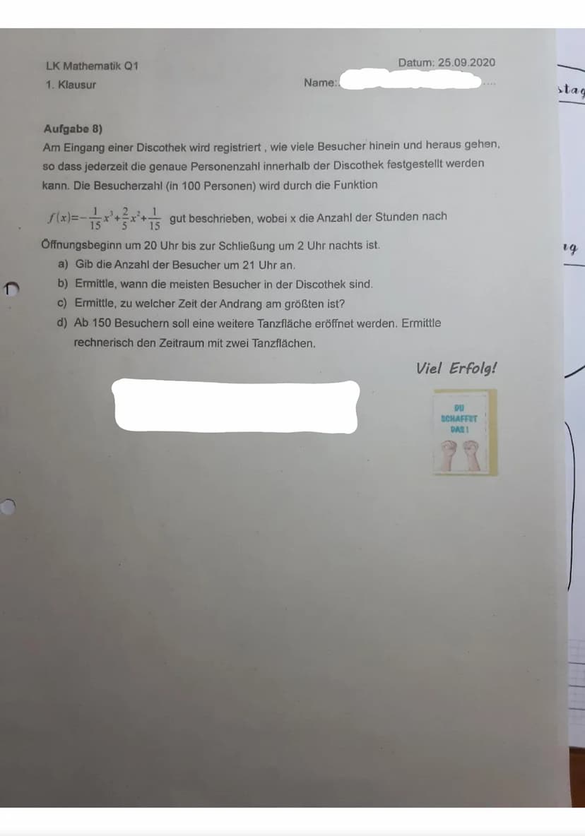 Hilfsmittelfreier-Teil
maximale Bearbeitungsdauer 45 Minuten
Aufgabe 1)
Gegeben ist die Funktion f(x)=x³-9x²+24x-15
a) Gib die erste und zwe
