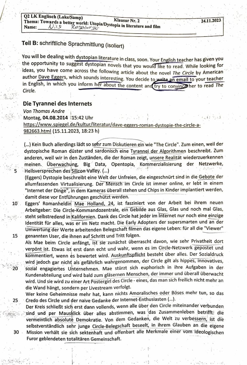 Drajers
10
10
15
20
20
25
25
30
anger
55
35
Q2 LK Englisch (Lake/Samp)
Klausur Nr. 2
Thema: Towards a better world: Utopia/Dystopia in liter