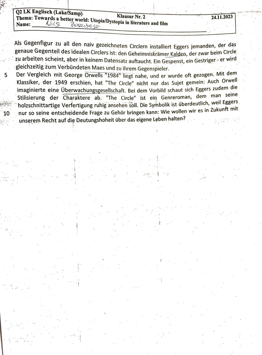 Drajers
10
10
15
20
20
25
25
30
anger
55
35
Q2 LK Englisch (Lake/Samp)
Klausur Nr. 2
Thema: Towards a better world: Utopia/Dystopia in liter