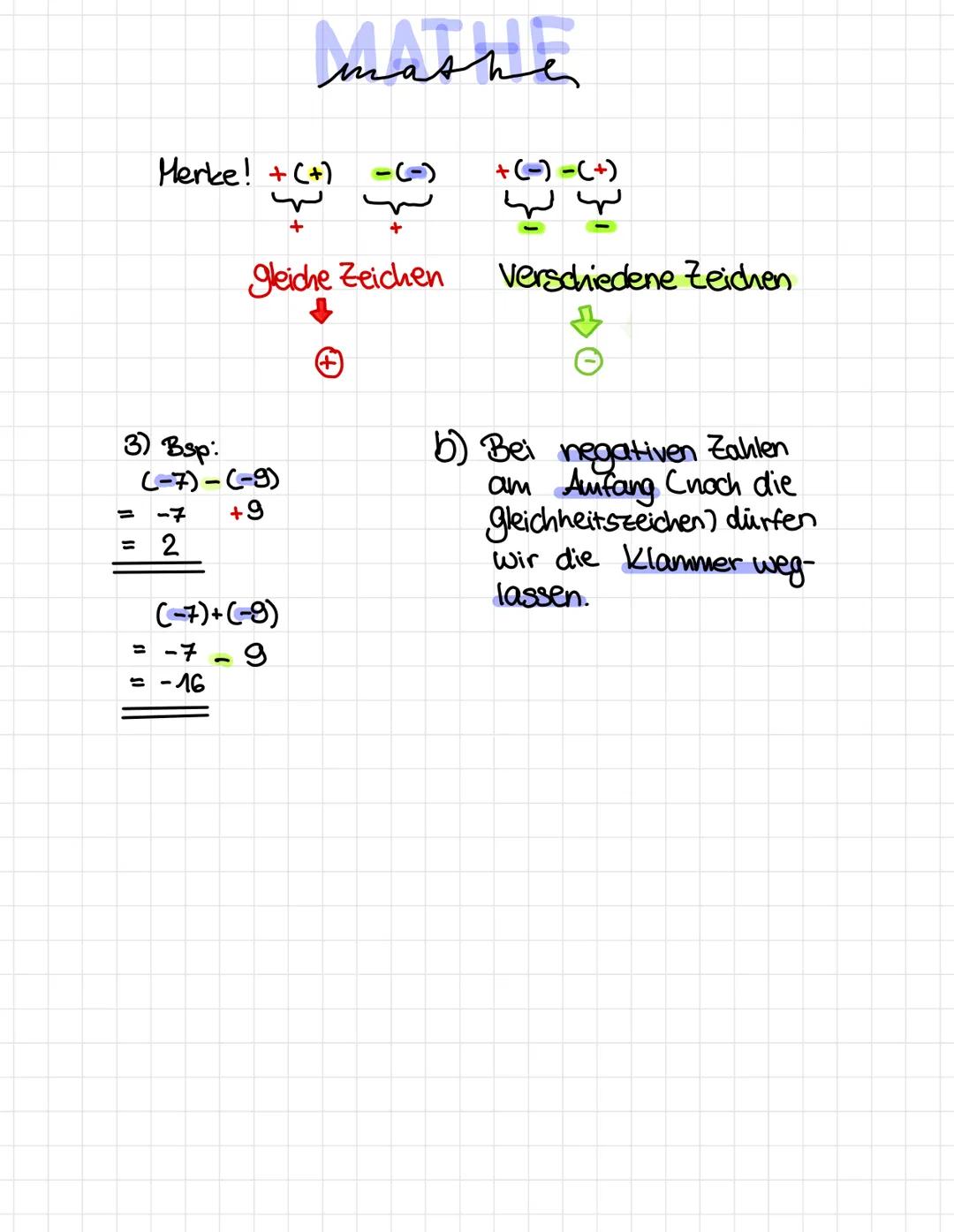 =
Herke! + (+) -(-)
y
+
3) Bspi
(-7)-(-9)
+9
2
gleiche Zeichen
mathe
(-7)+(-9)
= -7-9
= -16
+
+(-)-(+)
لها
Verschiedene Zeichen
b) Bei negat