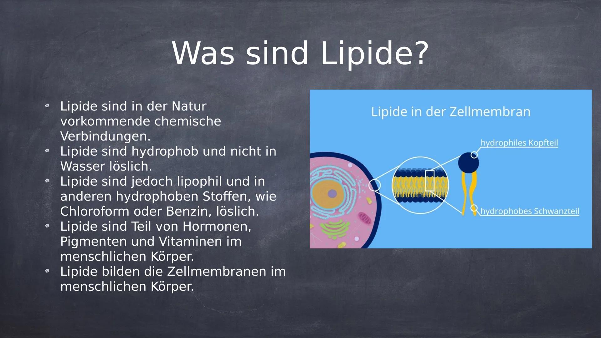 lipide Was sind Lipide?
Lipide sind in der Natur
vorkommende chemische
Verbindungen.
Lipide sind hydrophob und nicht in
Wasser löslich.
• Li
