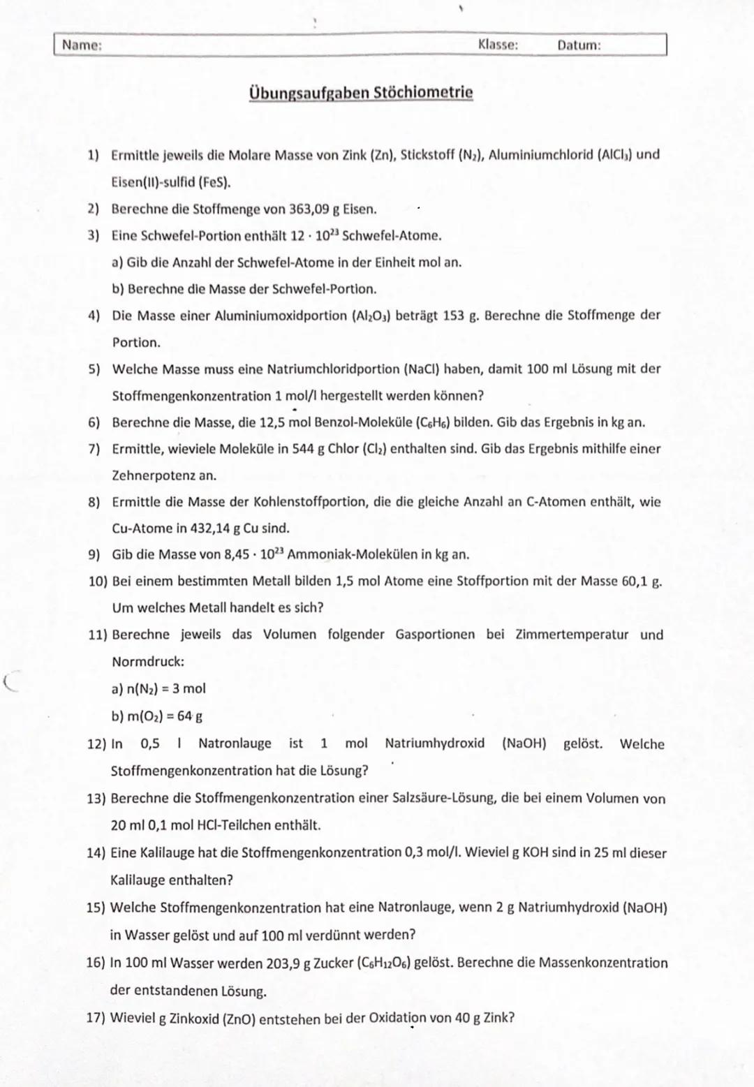 Die Stoffmenge ist die Teilchenanzahl
angegeben in der Einheit mol.
23
1mol = 6,02 10
[n]=mol
Stoffmengenko
nzentration
[c]= mol
Stoffmengen