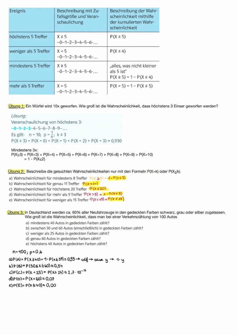 * (2)
-> Gibt die Anzahl der Möglichkeiten an, keine Wahrscheinlichkeit!
- Bei einer Bernoulli Kette der Länge n mit k Treffern kannst du di